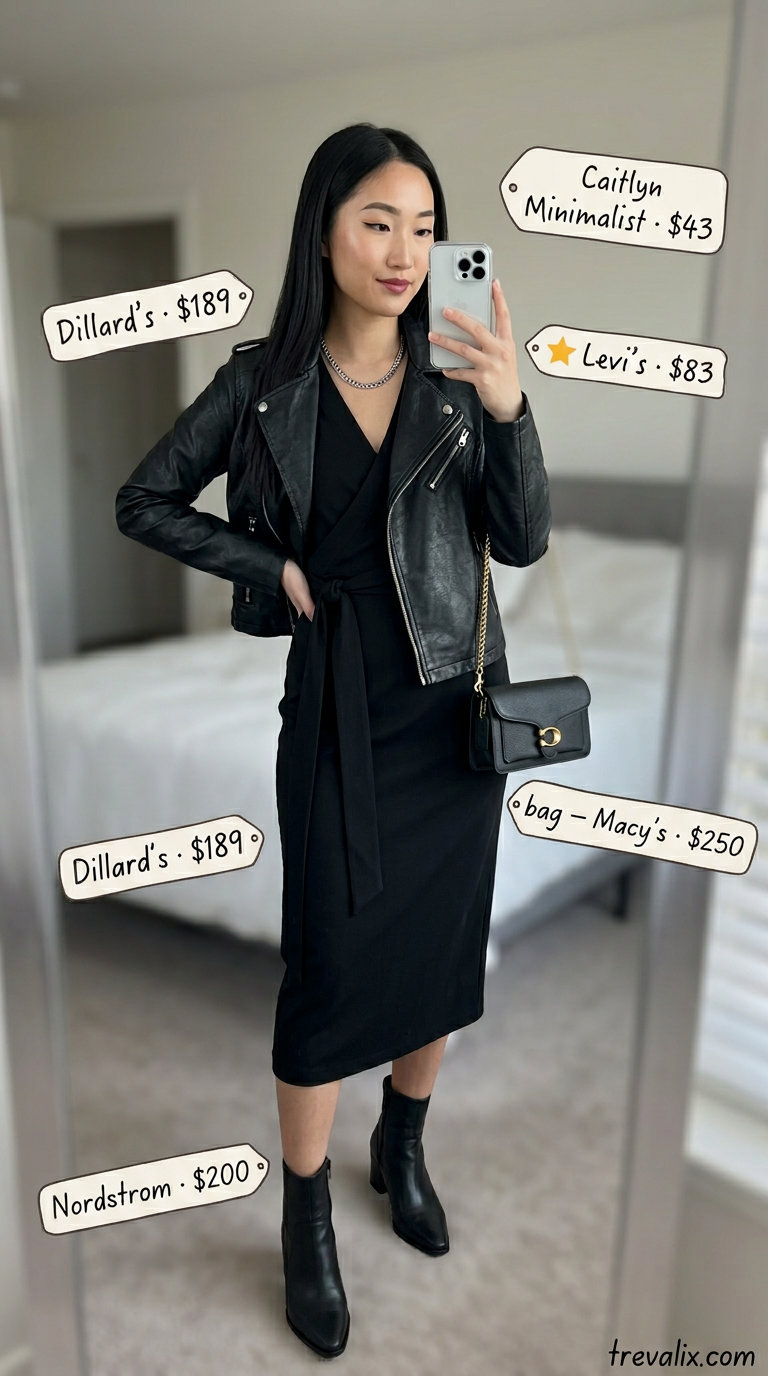 Black midi wrap dress, faux leather jacket, ankle boots for city night out. Summer wrap dresses 2026.