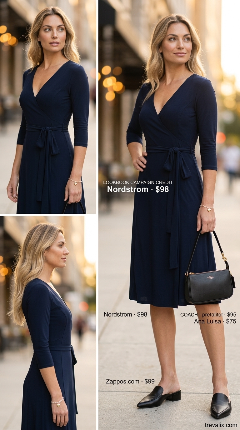 Navy midi wrap dress with mules and shoulder bag for office 2026.
