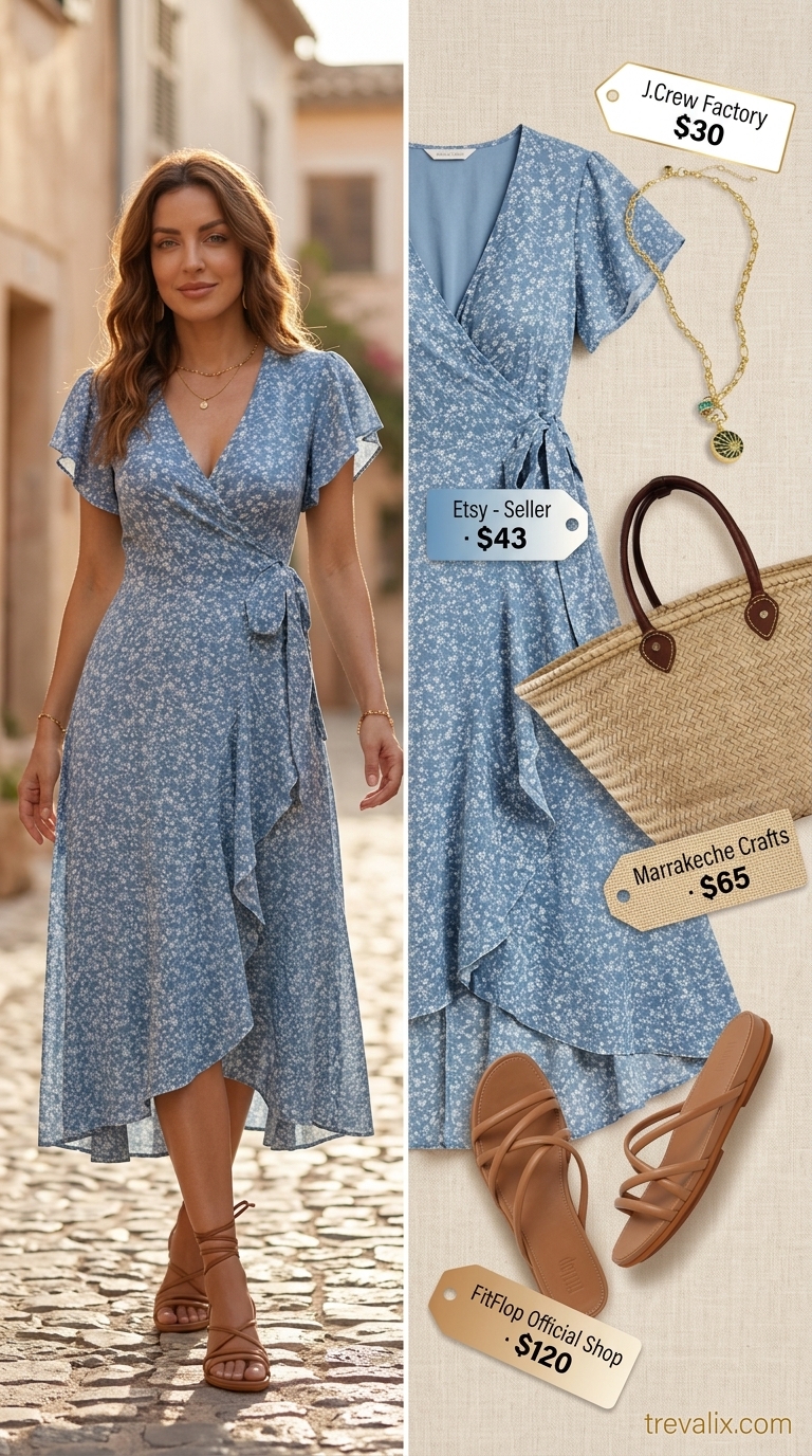 Sky blue floral midi wrap dress, tan slides, straw tote for beach lunch. Summer wrap dresses 2026.