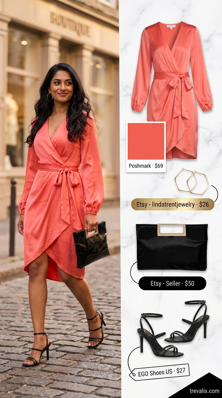 Coral satin midi wrap dress for date night, with black strappy heels and a clutch. Summer wrap dresses 2026.