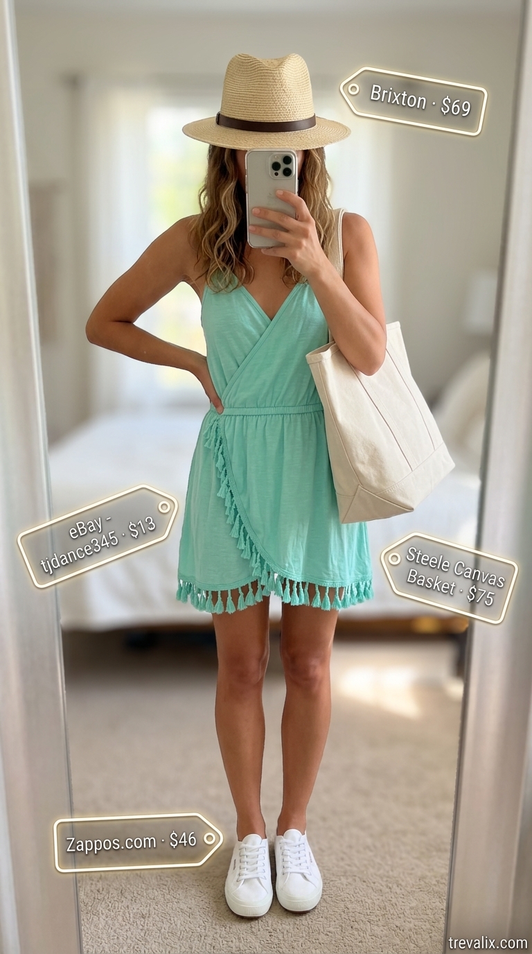 Mint green cotton mini wrap sundress for daytime, with white sneakers and a straw fedora. Summer wrap dresses 2026.