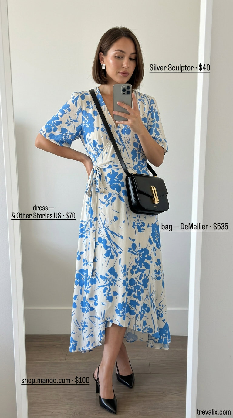 Ivory midi wrap dress for daytime meetings, with black slingbacks and a crossbody bag. Summer wrap dresses 2026.