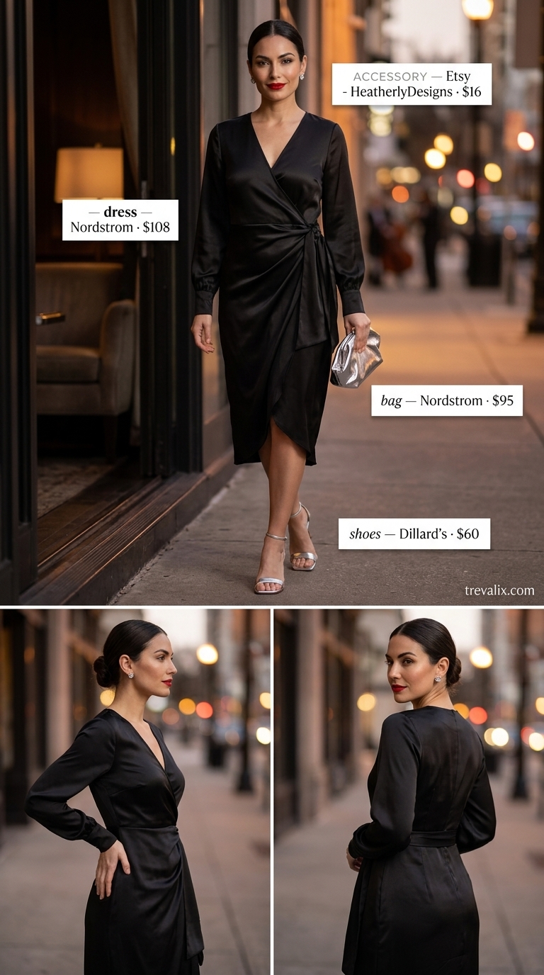 Black silk midi wrap dress, silver heels, crystal earrings for elegant evening. Summer wrap dresses 2026.