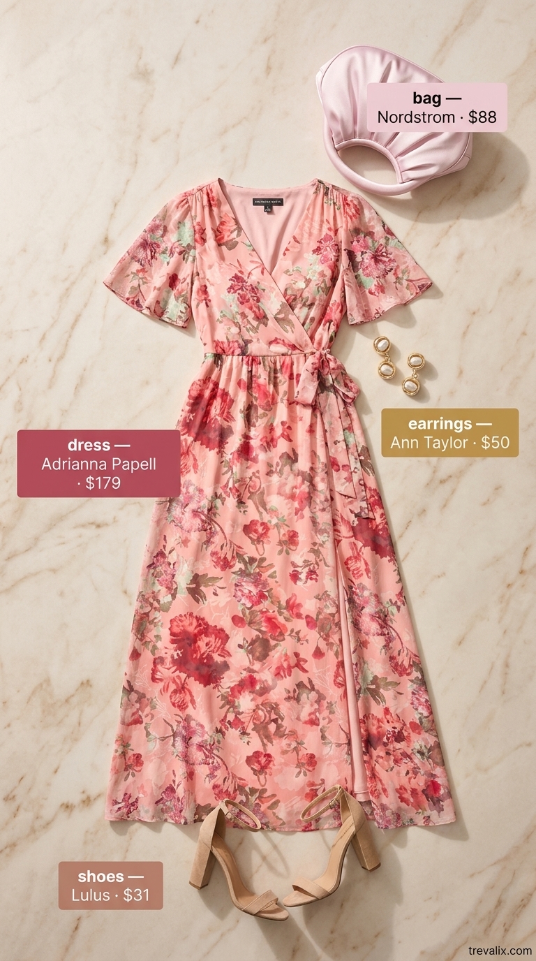Pastel floral midi wrap dress, blush pink bag, nude heels for garden party. Summer wrap dresses 2026.