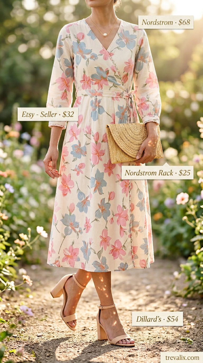 Pastel floral midi wrap dress for a garden party, with cream block heels and a straw clutch. Summer wrap dresses 2026.