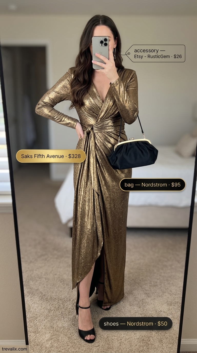 Gold metallic maxi wrap dress with heeled sandals and clutch for cocktail party 2026.