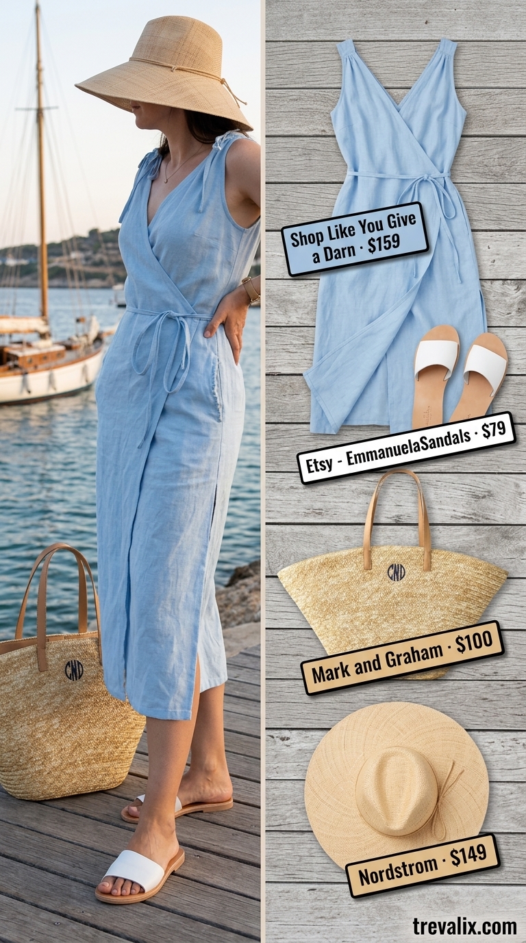 Sky blue linen maxi wrap dress for resort wear, with white sandals and a wide-brim straw hat. Summer wrap dresses 2026.
