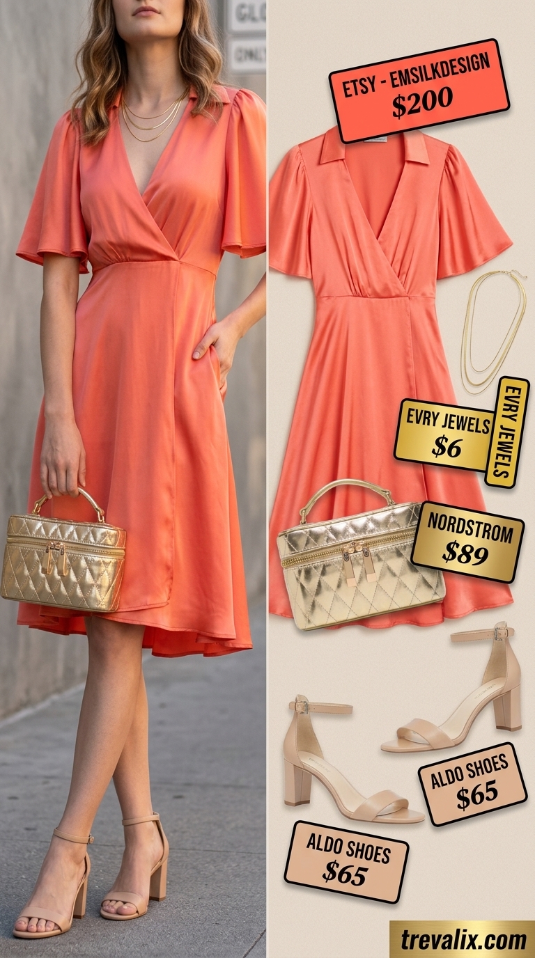 Coral midi wrap dress with block heels and top-handle bag for summer evening 2026.
