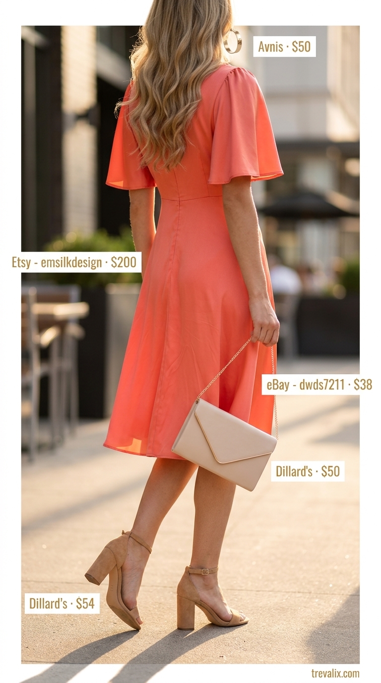 Coral midi wrap dress with heeled sandals and clutch for summer cocktail party 2026.