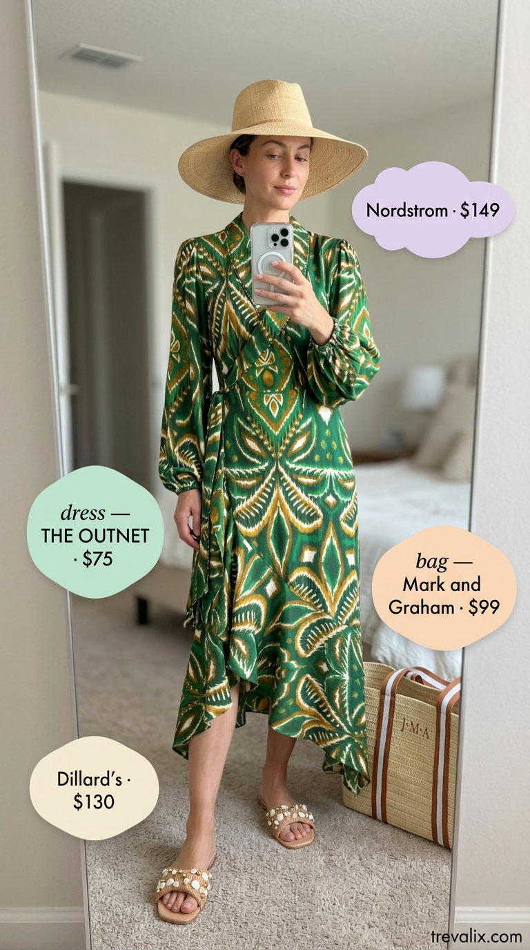 Green tropical print midi wrap dress for resort wear, with flat sandals and a straw tote. Summer wrap dresses 2026.