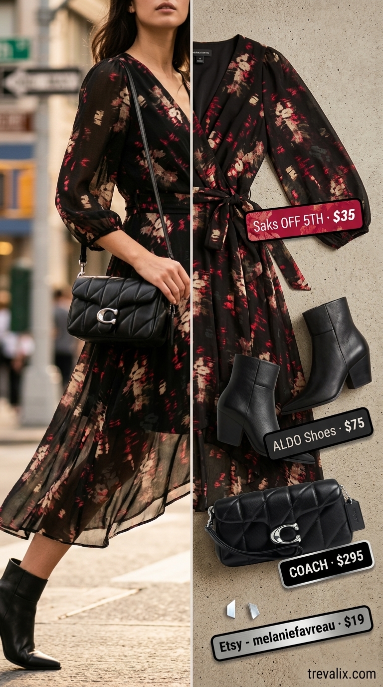 Black floral midi wrap dress with ankle boots and crossbody bag for city chic 2026.