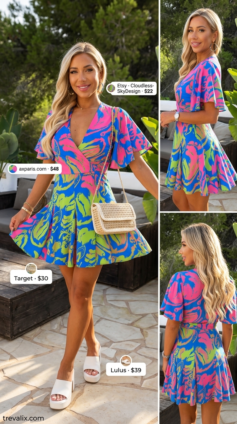 Bold abstract print mini wrap dress, straw crossbody, and white platform sandals for vacation. Summer wrap dresses 2026.