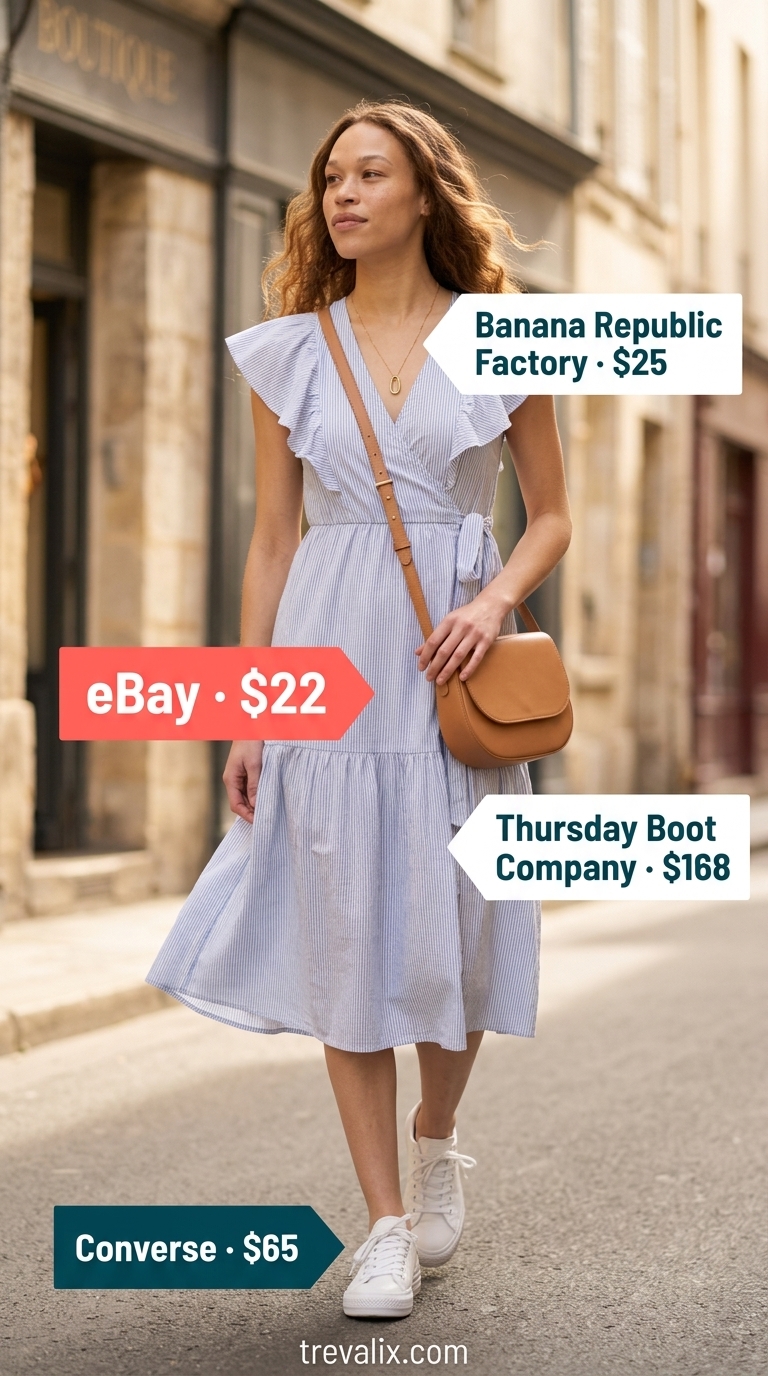 White and blue stripe midi wrap dress with sneakers and crossbody bag for summer 2026.