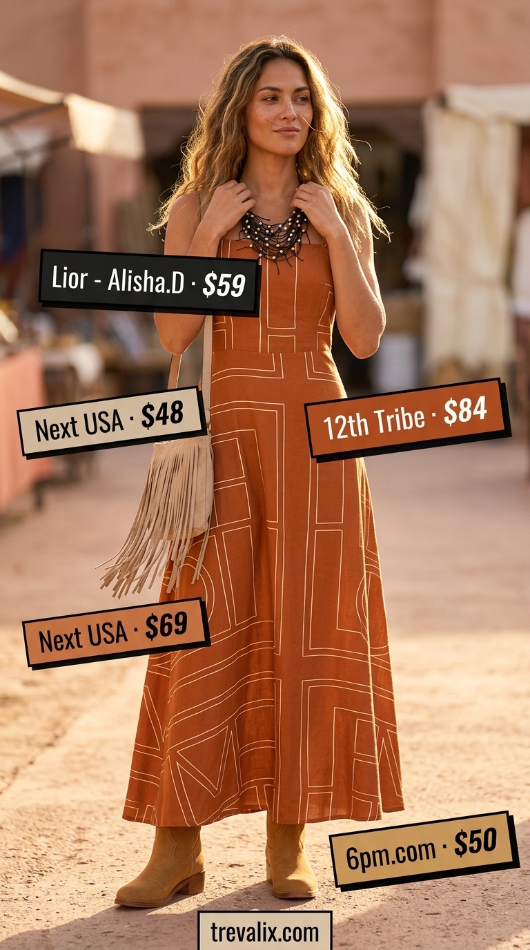 Terracotta abstract print maxi summer wrap sleeveless dresses 2026 for festivals, with suede ankle boots and fringe bag.