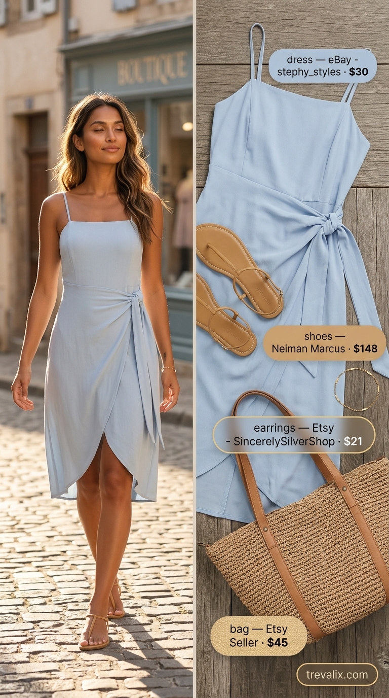 Relaxed sky blue summer wrap sleeveless dresses 2026: Midi dress, tan sandals, straw tote, gold bracelet.