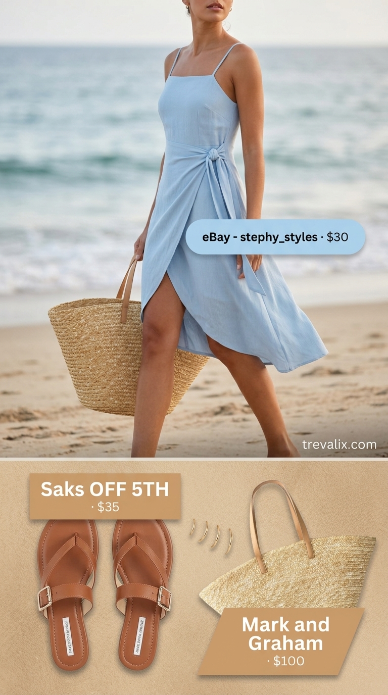 Sky blue rayon blend sleeveless midi wrap dress for beach days, with straw tote and gold hoop earrings.