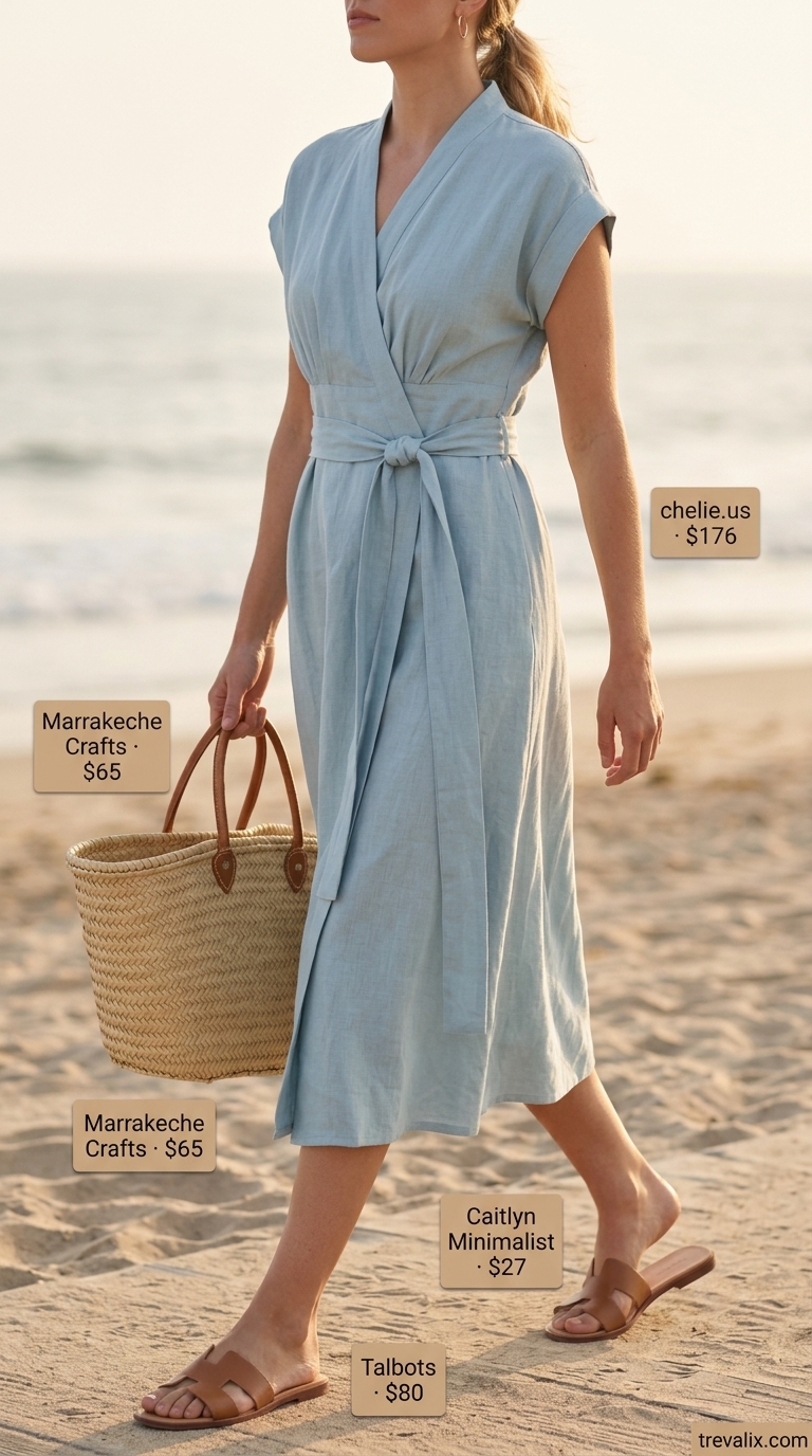 Sky blue linen blend sleeveless midi wrap dress for beach day, accessorized with straw tote and gold earrings.