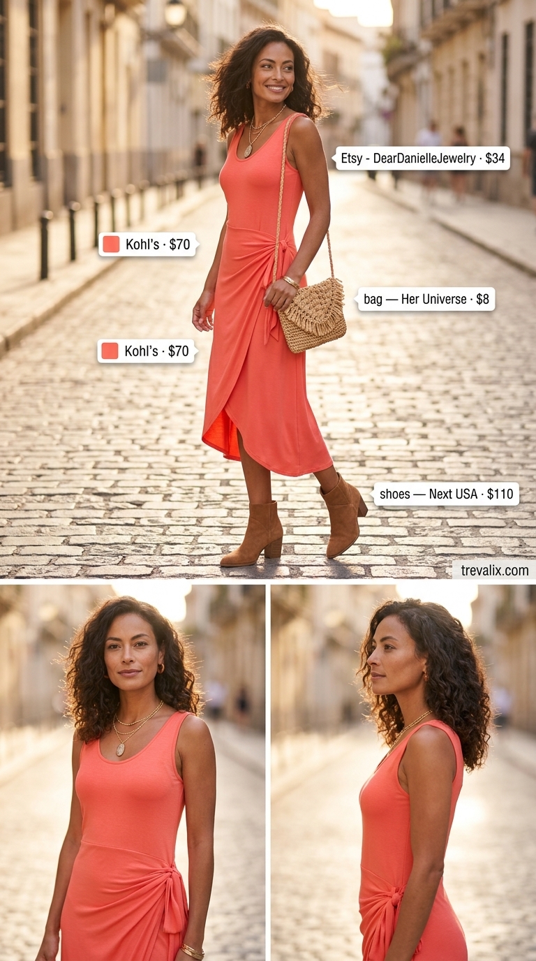 Bohemian terracotta summer wrap sleeveless dresses 2026: Midi dress, suede boots, woven crossbody bag, layered necklaces.