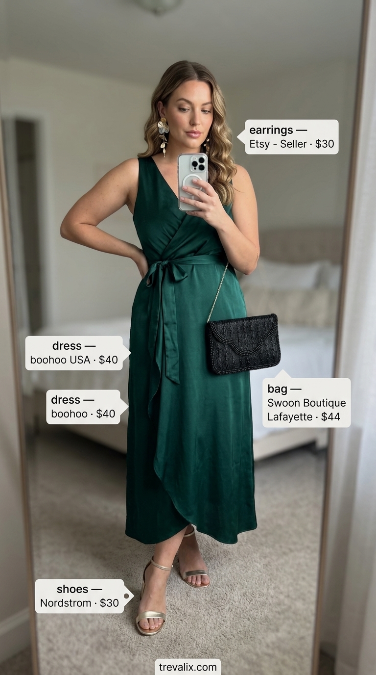 Glamorous evening summer wrap sleeveless dresses 2026: Emerald green satin midi dress, gold sandals, statement earrings.