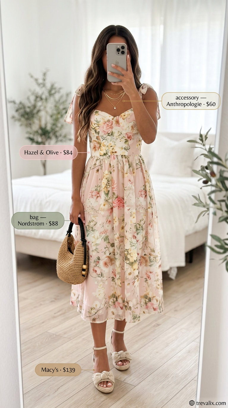 Pastel floral print viscose sleeveless midi wrap dress for garden parties, with espadrille wedges and woven bag.