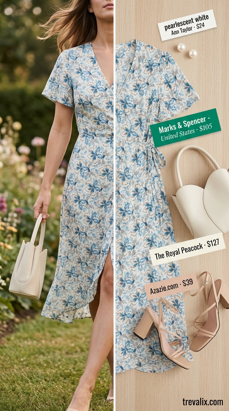 Floral print summer wrap sleeveless dresses 2026 for garden party, with nude sandals and pearl earrings.
