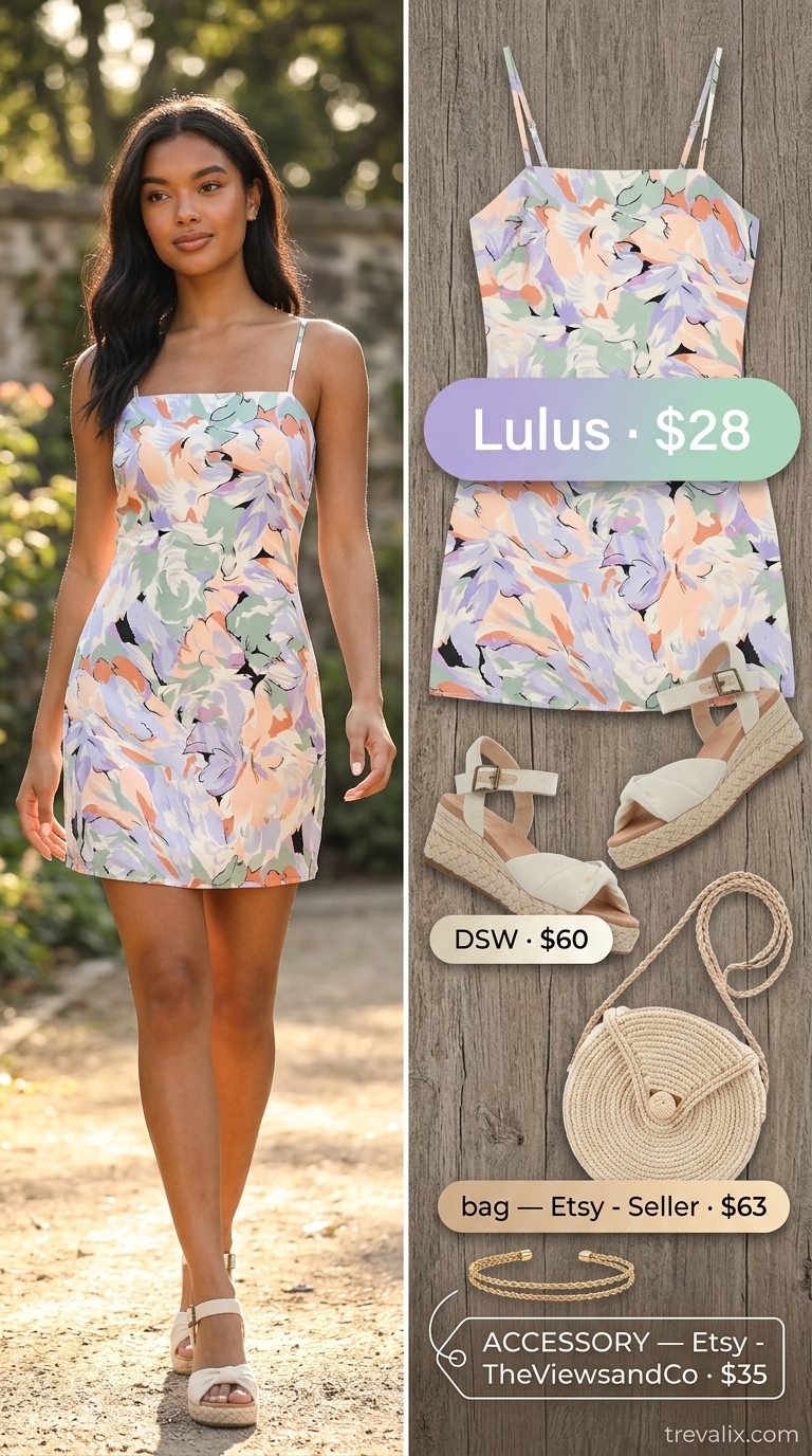 Feminine garden party summer wrap sleeveless dresses 2026: Pastel floral mini dress, espadrille wedges, woven bag.