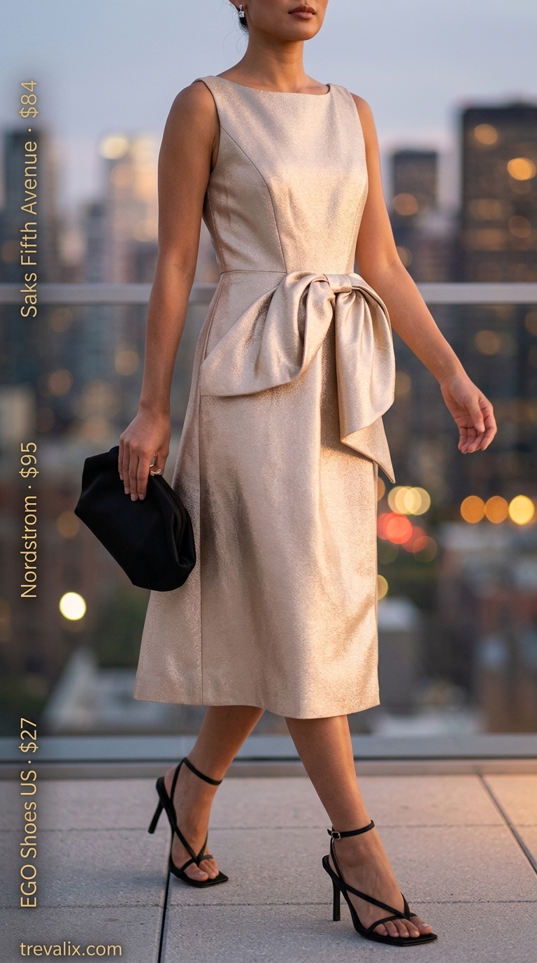 Gold metallic summer wrap sleeveless dresses 2026 for a party, styled with black heels and crystal earrings.