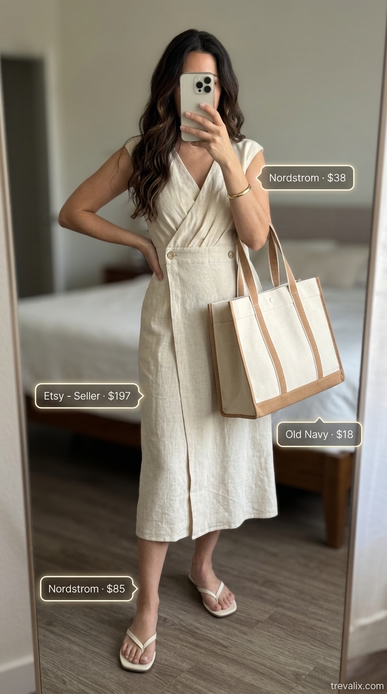 Natural beige linen sleeveless midi wrap dress for casual errands, paired with canvas tote and minimalist sandals.