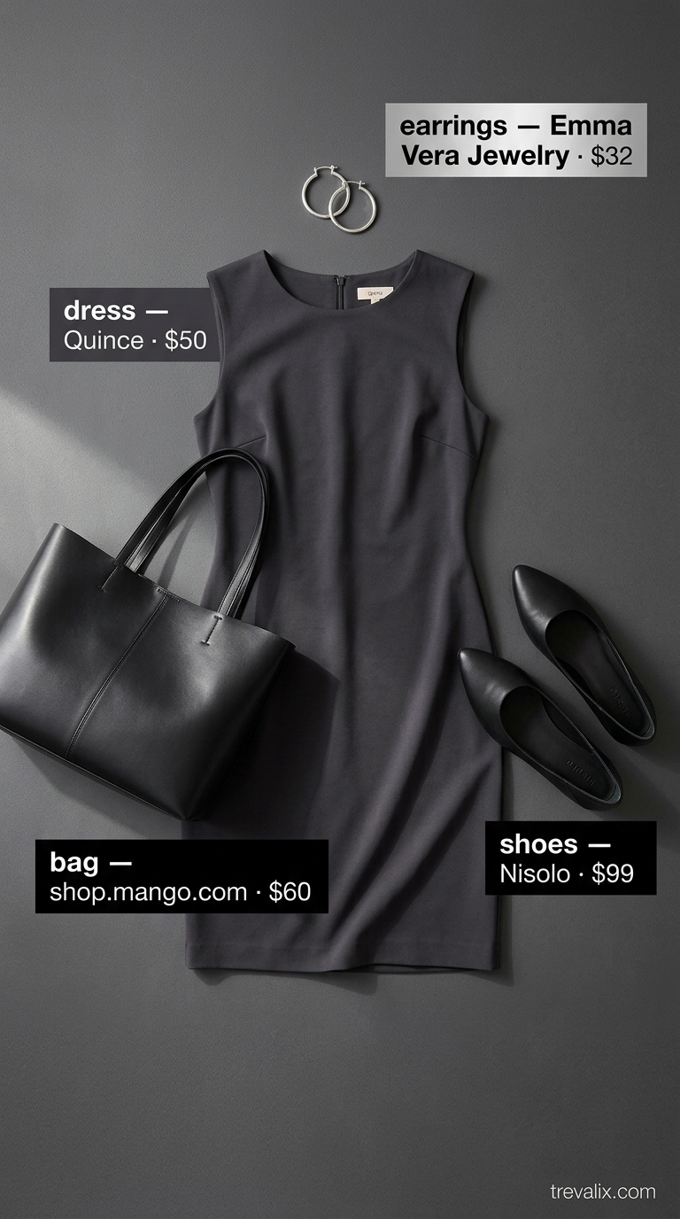 Modern minimalist summer wrap sleeveless dresses 2026: Charcoal grey midi dress, black tote, silver hoop earrings.