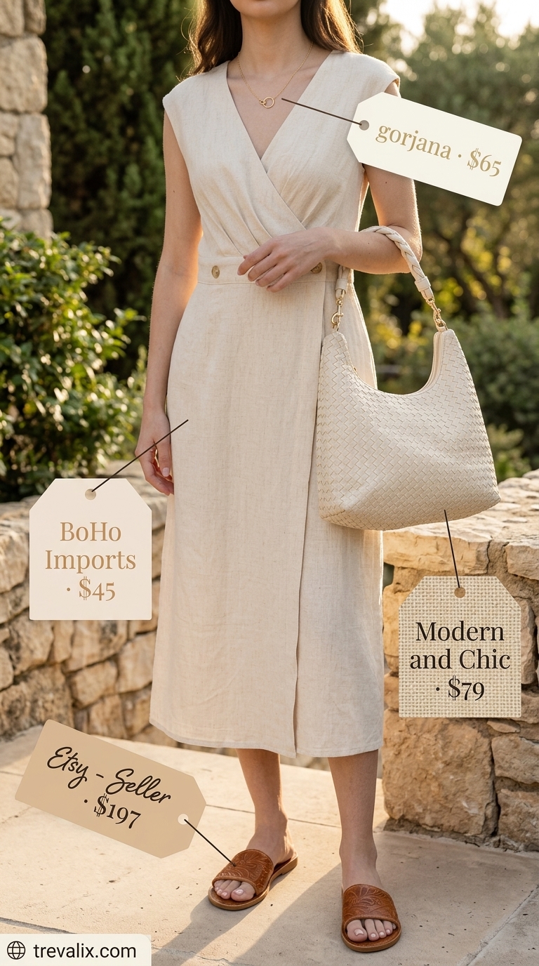 Natural beige linen sleeveless midi wrap dress for everyday wear, with tan leather slides and woven crossbody bag.