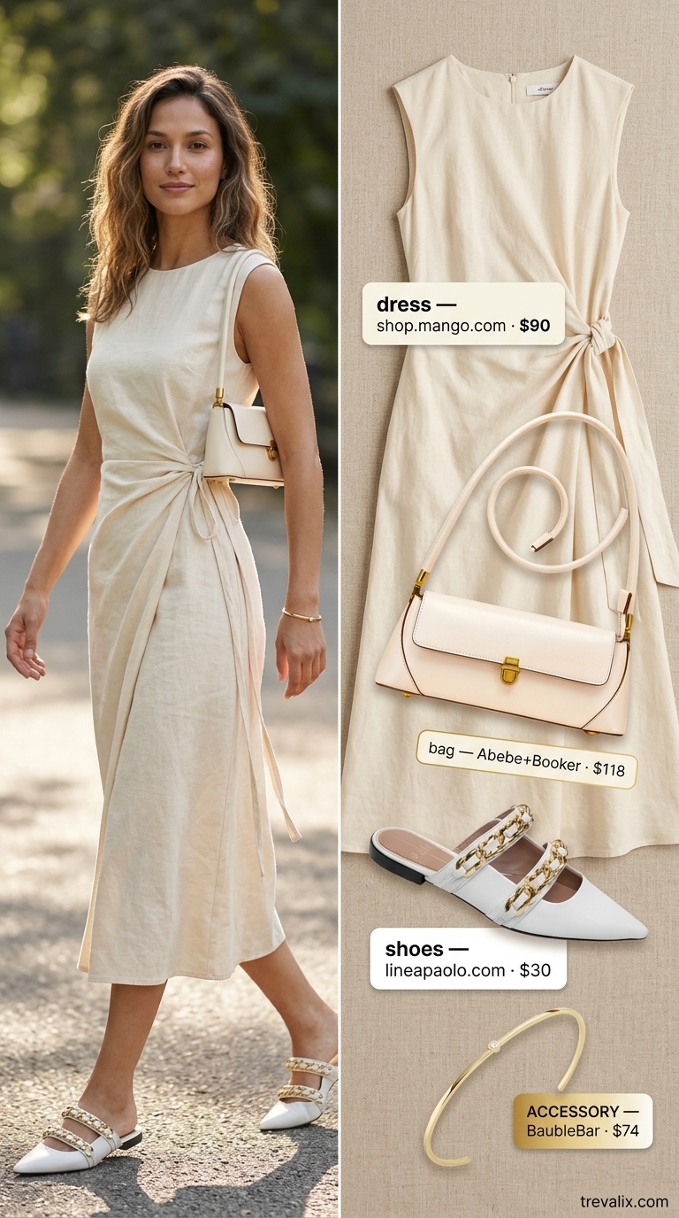 Elegant ivory linen summer wrap sleeveless dresses 2026: Midi dress, cream mules, gold cuff, beige shoulder bag.