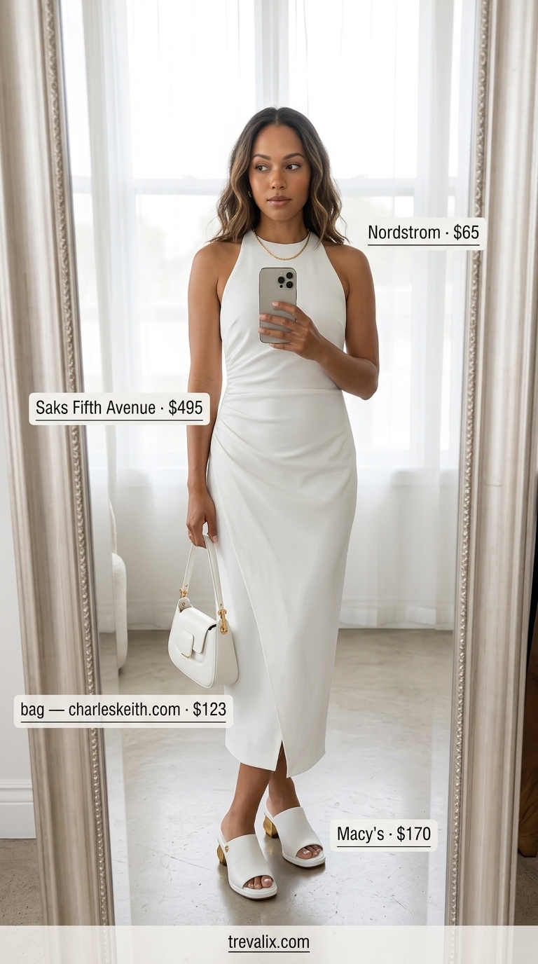 Crisp white cotton sateen sleeveless midi wrap dress for daytime events, with white block heels and gold chain.