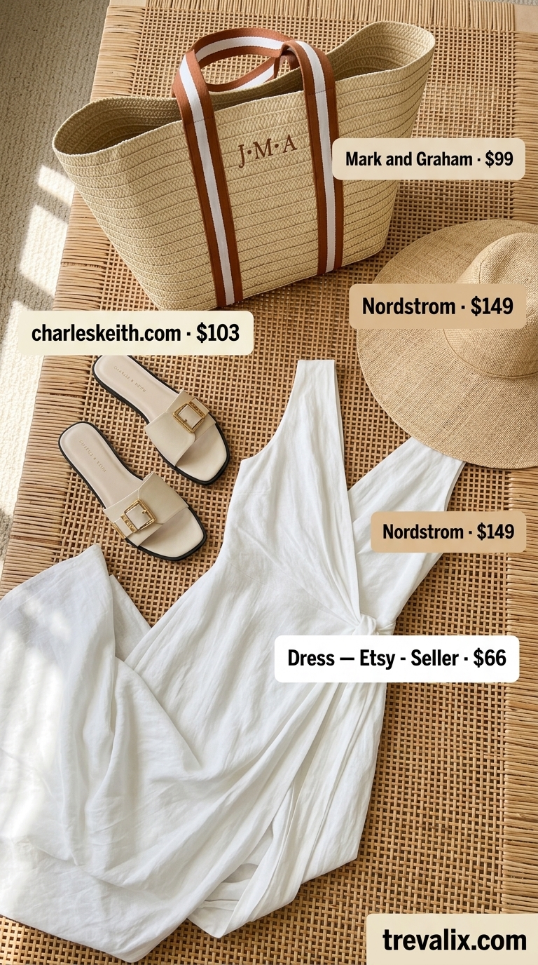 White cotton voile sleeveless maxi wrap dress for beach resorts, with straw hat and large straw tote.