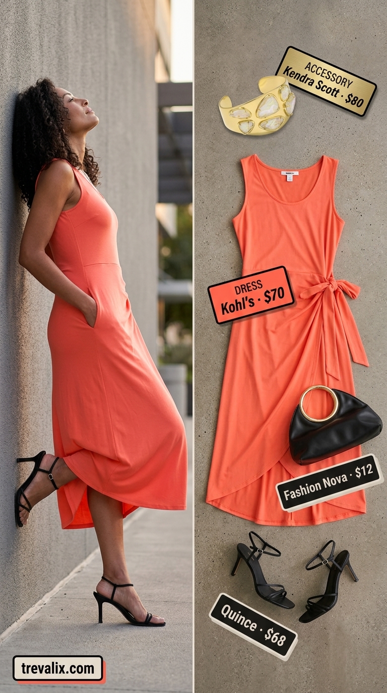 Coral satin summer wrap sleeveless dresses 2026 for a dinner date, styled with black heeled sandals and gold jewelry.