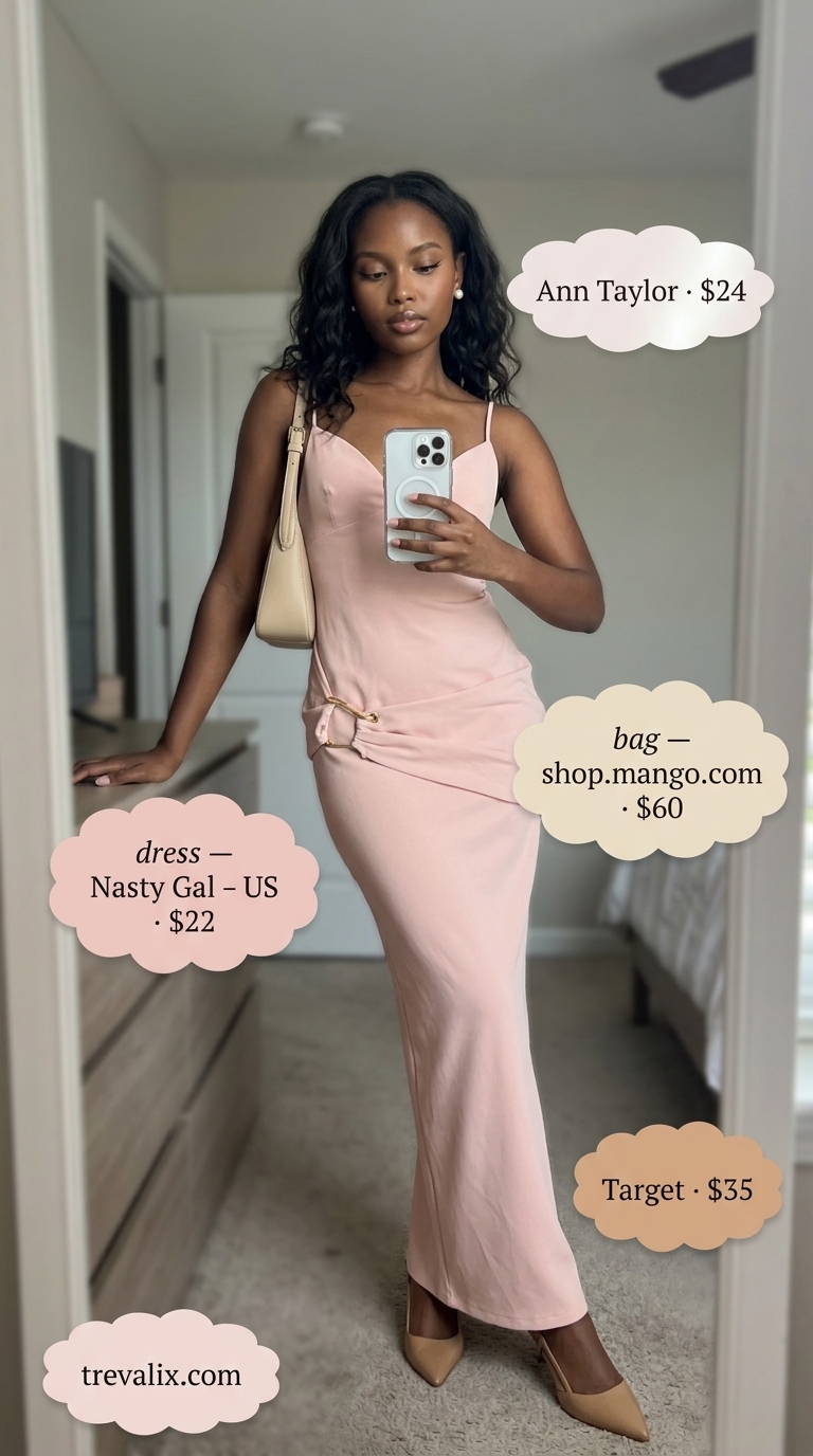 Blush pink polyester blend sleeveless wrap dress with sweetheart neckline for romantic dates, with nude heels.