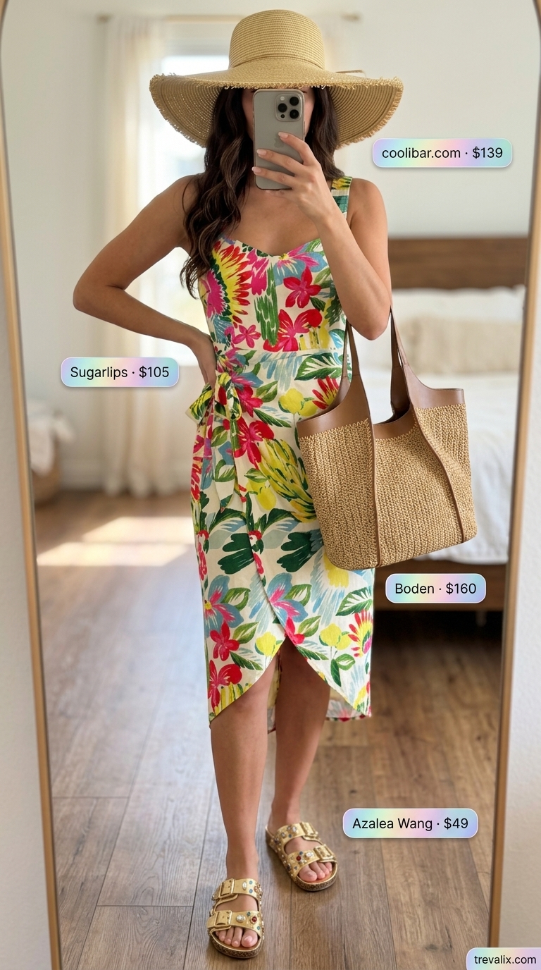 Vibrant tropical summer wrap sleeveless dresses 2026: Green, pink, yellow print midi dress, straw hat, beach tote.