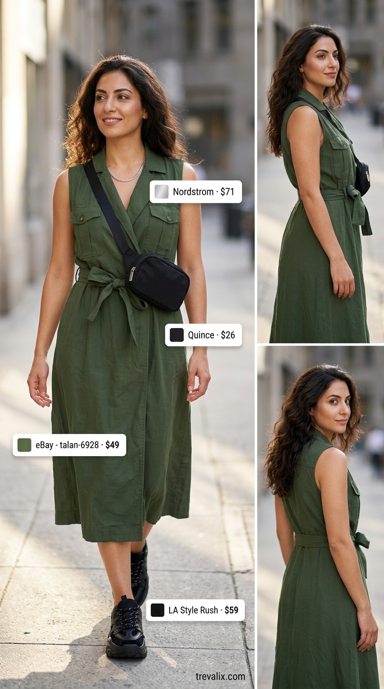 Olive green utility summer wrap sleeveless dresses 2026 with cargo shorts, sneakers, and utility belt bag for city exploration.