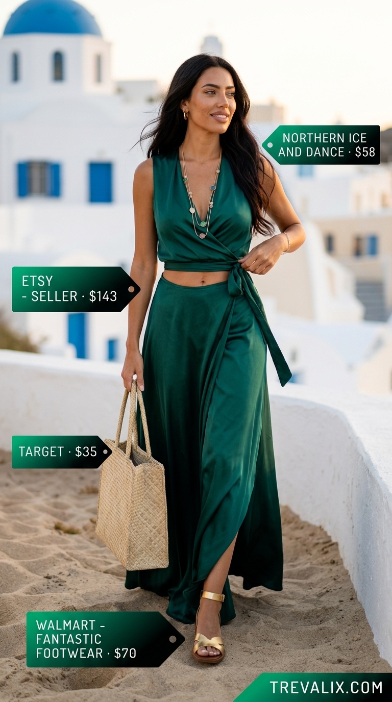 Emerald green maxi summer wrap sleeveless dresses 2026 for vacation, with gold sandals and layered necklaces.