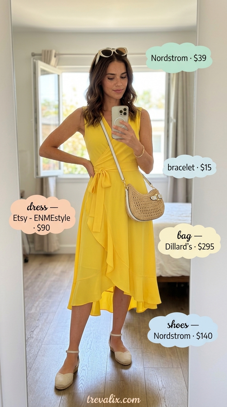 Yellow cotton voile summer wrap sleeveless dresses 2026 for brunch, with espadrilles and straw crossbody bag.