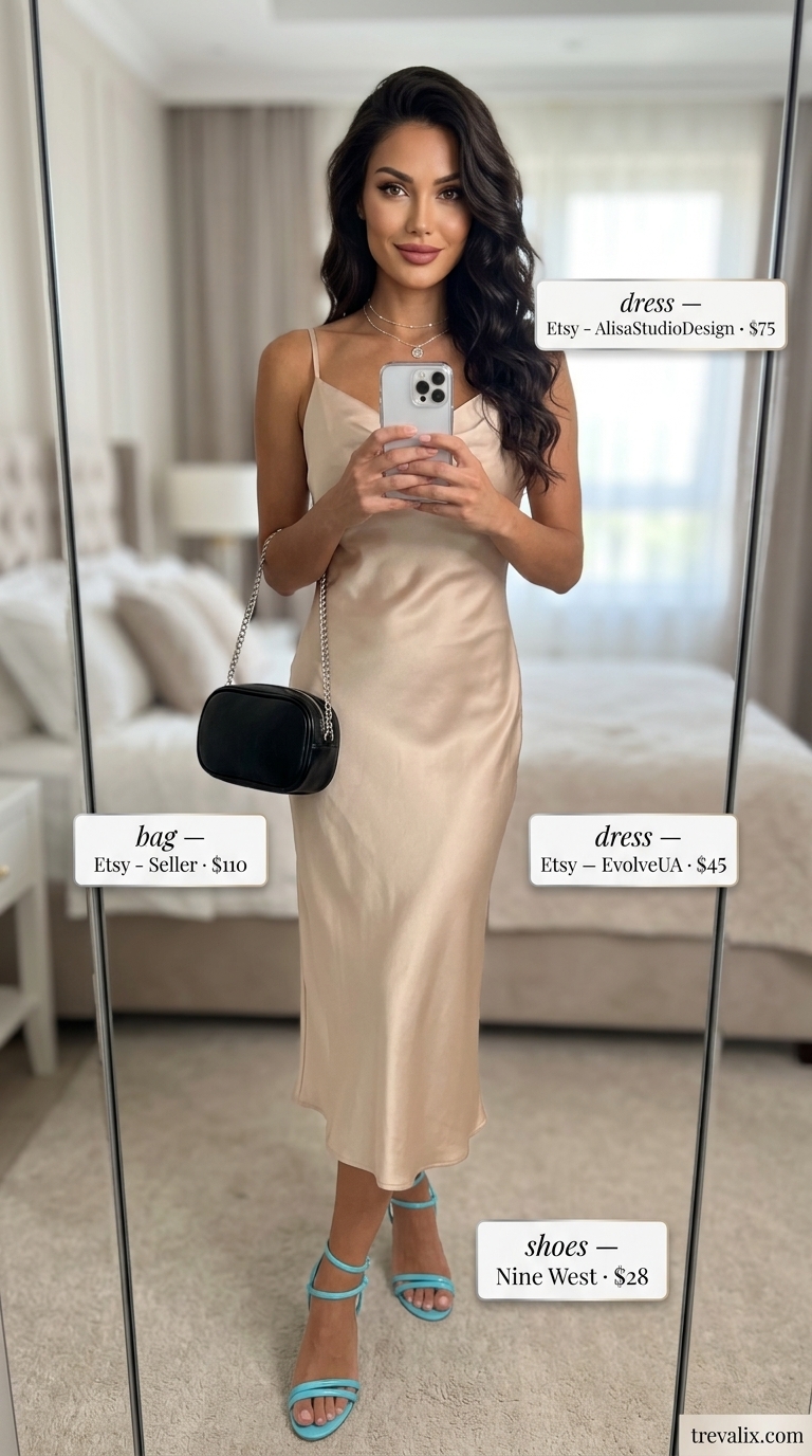 Tall women summer outfits 2026: Champagne satin slip dress, black sandals & silver jewelry for a sleek urban night out.