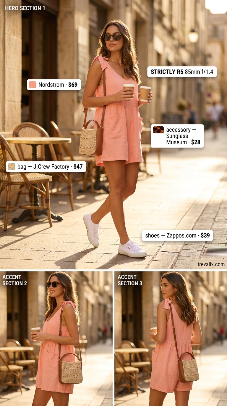 Tall women summer outfits 2026: Coral pink linen romper, white sneakers, and straw crossbody for a casual beach day.