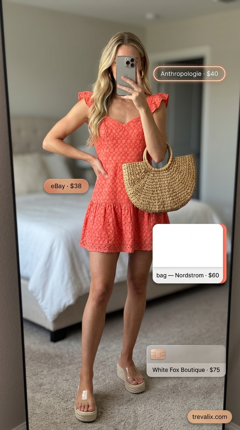 Tall women summer outfits 2026: Bright coral mini sundress, straw tote & gold hoops for a playful vacation look.