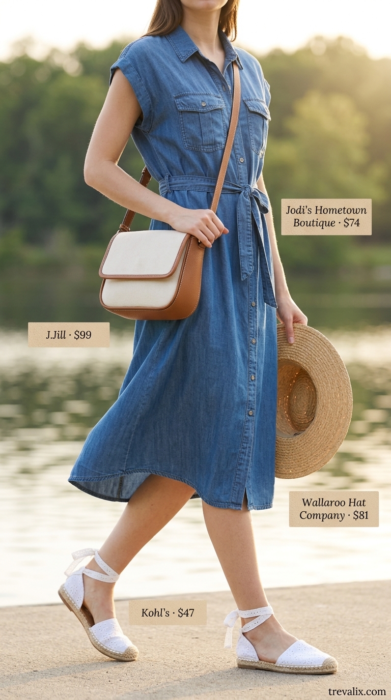 Tall women summer outfits 2026: Denim shirt dress, straw hat, and espadrilles for a relaxed lakeside day.