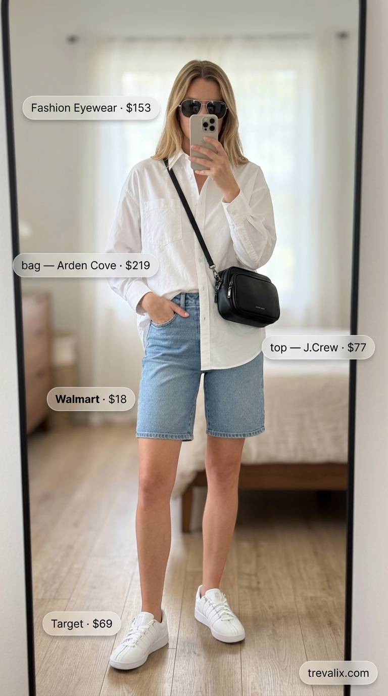 Tall women summer outfits 2026: Denim shorts, oversized white shirt, and white sneakers for city break casual.