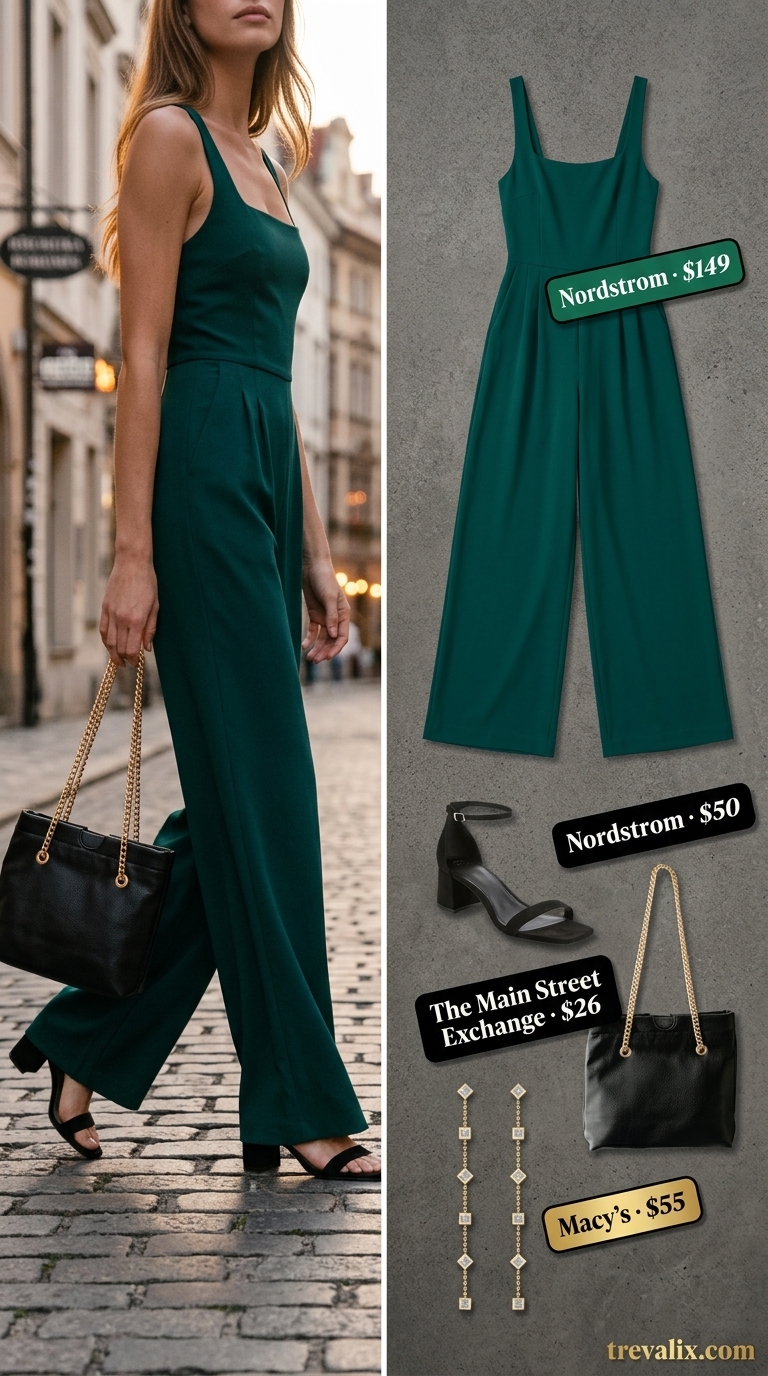 Tall women summer outfits 2026: Emerald green wide-leg jumpsuit for cocktail parties, paired with black heels and gold jewelry.