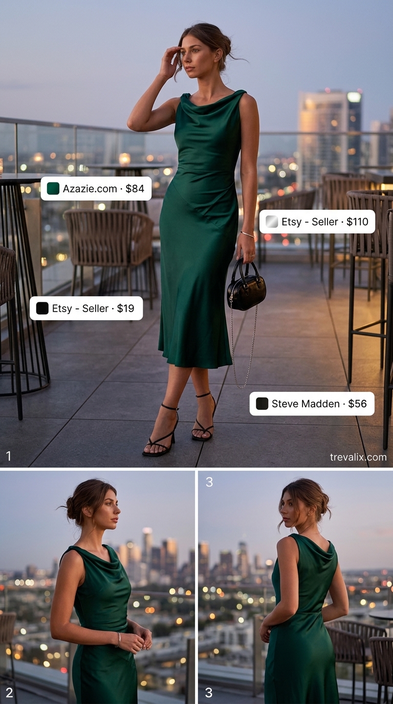 Tall women summer outfits 2026: Emerald green satin slip dress, black heels & silver jewelry for evening glam.