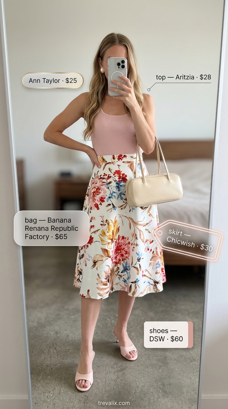 Tall women summer outfits 2026: Floral midi skirt, blush knit top, and heeled mules for a romantic brunch.