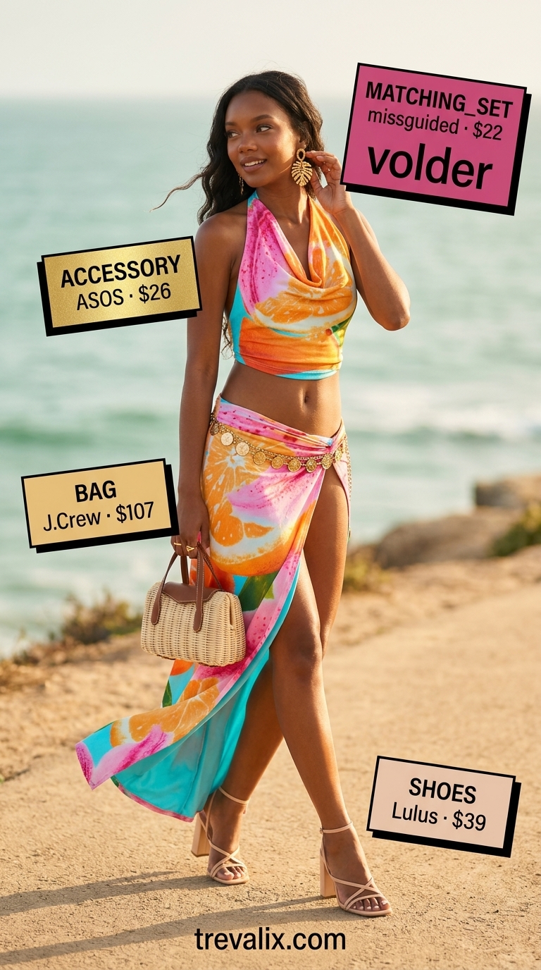 Tall women summer outfits 2026: Vivid fuchsia floral set, raffia bag & gold earrings for a tropical dinner.