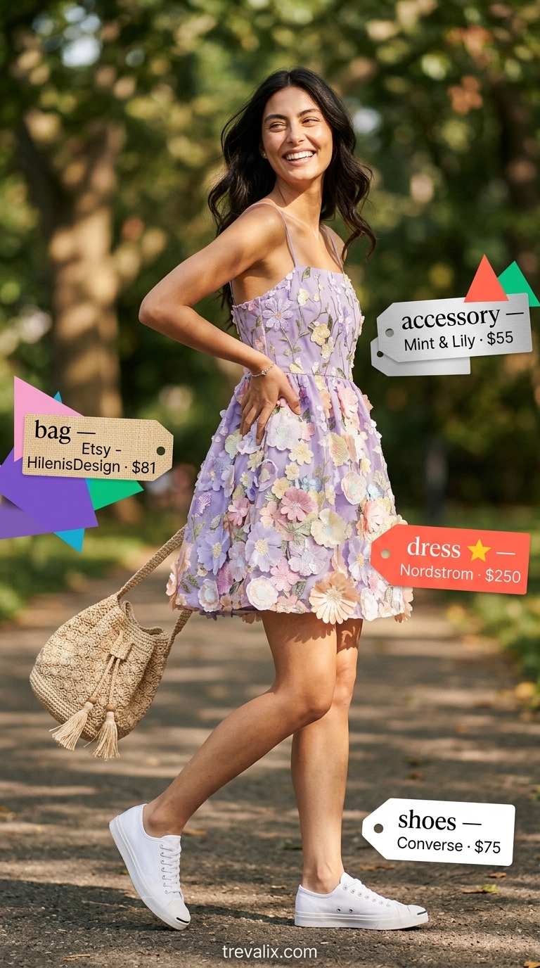 Tall women summer outfits 2026: Pastel lavender sundress, white sneakers, and woven bag for a playful weekend.