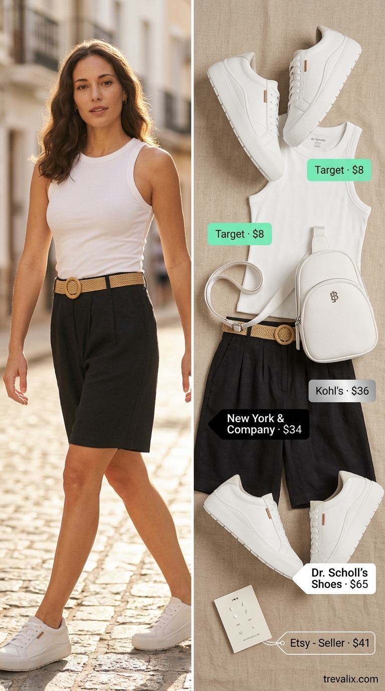 Tall women summer outfits 2026: Mint green Bermuda shorts, white tank & sneakers for urban brunch.